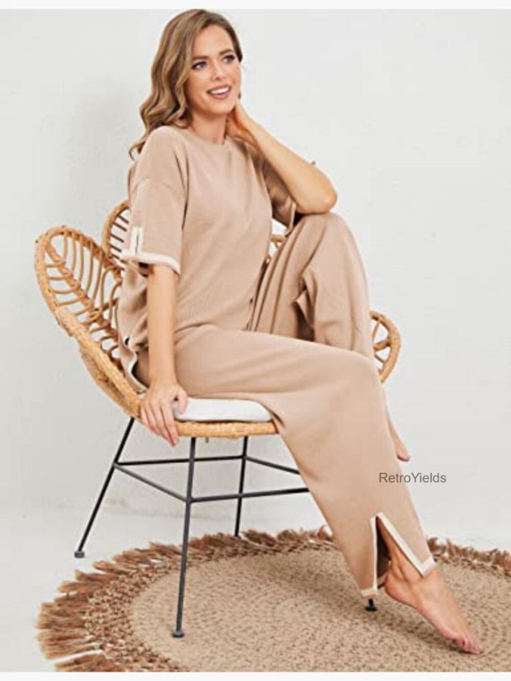 Women's 2-Piece Lounge Set Short Sleeve Knit Pullover Wide Leg Pants - Picture 6 of 7